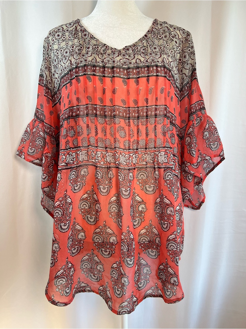 Style & Co. Coral & Tan Paisley Sheer Boho Tunic Top Flutter Sleeves Sz Small